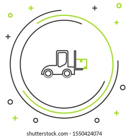 Black and green line Forklift truck icon isolated on white background. Fork loader and cardboard box. Cargo delivery, shipping, transportation. Colorful outline concept. Vector Illustration