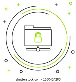 Black and green line FTP folder and lock icon isolated on white background. Concept of software update. Security, safety, protection concept. Colorful outline concept. Vector Illustration