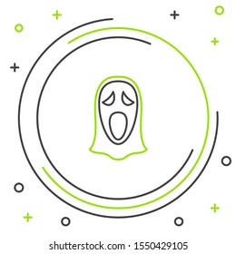Black and green line Funny and scary ghost mask for Halloween icon isolated on white background. Happy Halloween party. Colorful outline concept. Vector Illustration