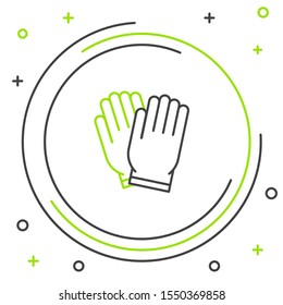 Black and green line Garden gloves icon isolated on white background. Rubber gauntlets sign. Farming hand protection, gloves safety. Colorful outline concept. Vector Illustration