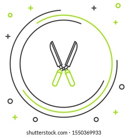 Black and green line Gardening handmade scissors for trimming icon isolated on white background. Pruning shears with wooden handles. Colorful outline concept. Vector Illustration