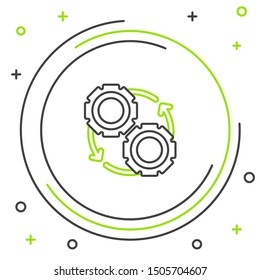 Black and green line Gear and arrows as workflow process concept icon isolated on white background. Gear reload sign. Colorful outline concept. Vector Illustration
