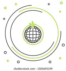 Black and green line Globe with flying plane icon isolated on white background. Airplane fly around the planet earth. Aircraft world icon. Colorful outline concept. Vector Illustration