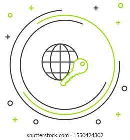Black and green line Globe key icon isolated on white background. Colorful outline concept. Vector Illustration