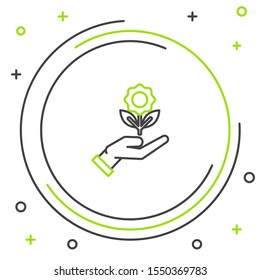 Black and green line Hand holding flower icon isolated on white background. Seed and seedling. Planting sapling. Ecology concept. Colorful outline concept. Vector Illustration