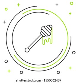Black and green line Honey dipper stick with dripping honey icon isolated on white background. Honey ladle. Colorful outline concept. Vector Illustration