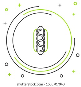 Black and green line Hotdog sandwich with mustard icon isolated on white background. Sausage icon. Street fast food menu. Colorful outline concept. Vector Illustration