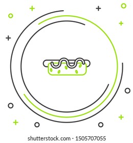 Black and green line Hotdog sandwich with mustard icon isolated on white background. Sausage icon. Street fast food menu. Colorful outline concept. Vector Illustration