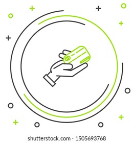 Black and green line Human hand holding with credit card icon isolated on white background. Online payment. Pay by card. Financial operations. Colorful outline concept. Vector Illustration
