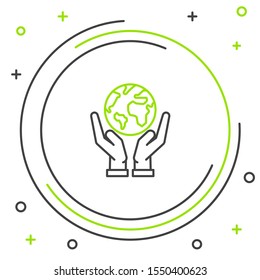 Black and green line Human hands holding Earth globe icon isolated on white background. Save earth concept. Colorful outline concept. Vector Illustration