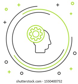 Black and green line Human head with gear inside icon isolated on white background. Artificial intelligence. Thinking brain sign. Symbol work of brain. Colorful outline concept. Vector Illustration