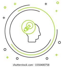 Black and green line Human head with lamp bulb icon isolated on white background. Colorful outline concept. Vector Illustration