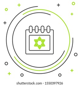 Black and green line Jewish calendar with star of david icon isolated on white background. Hanukkah calendar day. Colorful outline concept. Vector Illustration