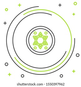 Black and green line Jewish coin icon isolated on white background. Currency symbol. Colorful outline concept. Vector Illustration