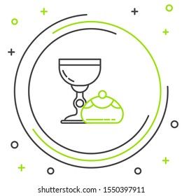 Black and green line Jewish goblet and hanukkah sufganiyot icon isolated on white background. Jewish sweet bakery. Wine cup for kiddush. Colorful outline concept. Vector Illustration