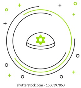 Black and green line Jewish kippah with star of david icon isolated on white background. Jewish yarmulke hat. Colorful outline concept. Vector Illustration