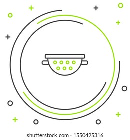 Black and green line Kitchen colander icon isolated on white background. Cooking utensil. Cutlery sign. Colorful outline concept. Vector Illustration