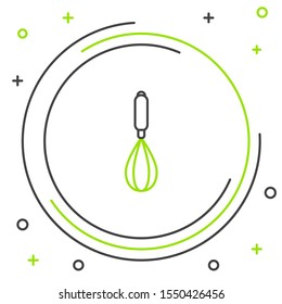 Black and green line Kitchen whisk icon isolated on white background. Cooking utensil, egg beater. Cutlery sign. Food mix symbol. Colorful outline concept. Vector Illustration