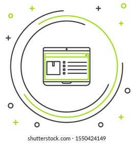 Black and green line Laptop with app delivery tracking icon isolated on white background. Parcel tracking. Colorful outline concept. Vector Illustration