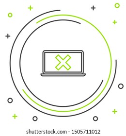 Black and green line Laptop and cross mark on screen icon on white background. Error window, exit button, cancel, 404 error page not found concept. Colorful outline concept. Vector Illustration