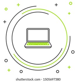 Black and green line Laptop icon isolated on white background. Computer notebook with empty screen sign. Colorful outline concept. Vector Illustration