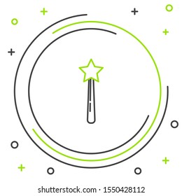 Black and green line Magic wand icon isolated on white background. Star shape magic accessory. Magical power. Colorful outline concept. Vector Illustration