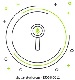 Black and green line Magnifying glass and dollar symbol icon isolated on white background. Find money. Looking for money. Colorful outline concept. Vector Illustration