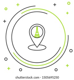 Black and green line Map pointer with Eiffel tower icon isolated on white background. France Paris landmark symbol. Colorful outline concept. Vector Illustration