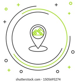 Black and green line Map pointer with Egypt pyramids icon isolated on white background. Colorful outline concept. Vector Illustration