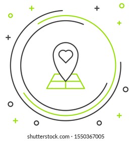 Black and green line Map pointer with heart icon isolated on white background. Valentines day. Love location. Romantic map pin. Colorful outline concept. Vector Illustration