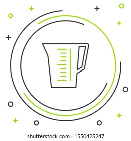 Black and green line Measuring cup to measure dry and liquid food icon isolated on white background. Plastic graduated beaker with handle. Colorful outline concept. Vector Illustration