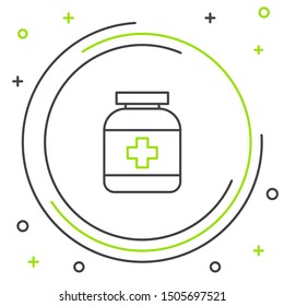 Black and green line Medicine bottle icon isolated on white background. Bottle pill sign. Pharmacy design. Colorful outline concept. Vector Illustration