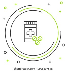 Black and green line Medicine bottle and pills icon isolated on white background. Bottle pill sign. Pharmacy design. Colorful outline concept. Vector Illustration
