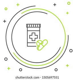 Black and green line Medicine bottle and pills icon isolated on white background. Bottle pill sign. Pharmacy design. Colorful outline concept. Vector Illustration