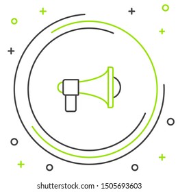 Black and green line Megaphone icon isolated on white background. Loud speach alert concept. Bullhorn for Mouthpiece scream promotion. Colorful outline concept. Vector Illustration