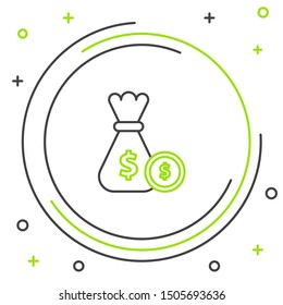 Black and green line Money bag and coin icon isolated on white background. Dollar or USD symbol. Cash Banking currency sign. Colorful outline concept. Vector Illustration