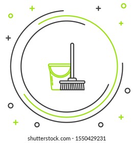 Black and green line Mop and bucket icon isolated on white background. Cleaning service concept. Colorful outline concept. Vector Illustration