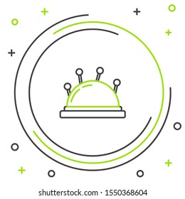 Black and green line Needle bed and needles icon isolated on white background. Handmade and sewing theme. Colorful outline concept. Vector Illustration