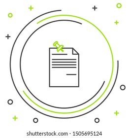 Black and green line Note paper with pinned pushbutton icon isolated on white background. Memo paper sign. Colorful outline concept. Vector Illustration