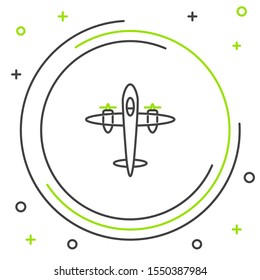 Black and green line Old retro vintage plane icon isolated on white background. Flying airplane icon. Airliner sign. Colorful outline concept. Vector Illustration