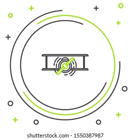 Black and green line Old retro vintage plane icon isolated on white background. Flying airplane icon. Airliner sign. Colorful outline concept. Vector Illustration