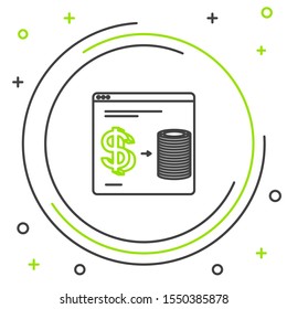 Black and green line Online casino chips exchange on stacks of dollars icon isolated on white background. Colorful outline concept. Vector Illustration