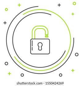 Black and green line Open padlock icon isolated on white background. Opened lock sign. Cyber security concept. Digital data protection. Safety safety. Colorful outline concept. Vector Illustration