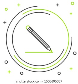 Black and green line Pencil with eraser and line icon isolated on white background. Education sign. Drawing and educational tools. School office symbol. Colorful outline concept. Vector Illustration