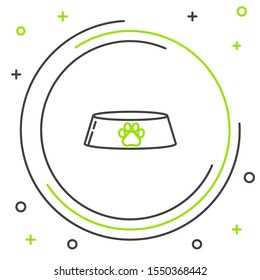 Black and green line Pet food bowl for cat or dog icon isolated on white background. Dog or cat paw print. Colorful outline concept. Vector Illustration