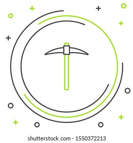 Black and green line Pickaxe icon on white background. Blockchain technology, cryptocurrency mining, bitcoin, digital money market, cryptocoin wallet. Colorful outline concept. Vector Illustration
