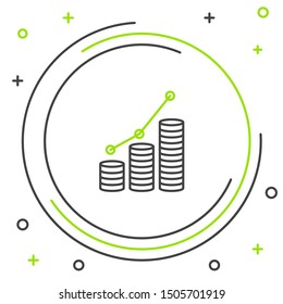 Black and green line Pie chart infographic and coin icon isolated on white background. Diagram chart sign. Colorful outline concept. Vector Illustration Black and green line Pie chart infographic and coin icon isolated on white background. Diagram chart sign. Colorful outline concept. Vector Illustration