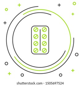 Black and green line Pills in blister pack icon isolated on white background. Medical drug package for tablet, vitamin, antibiotic, aspirin. Colorful outline concept. Vector Illustration