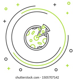 Black and green line Pizza icon isolated on white background. Fast food menu. Colorful outline concept. Vector Illustration