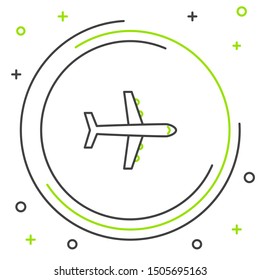 Black and green line Plane icon isolated on white background. Flying airplane icon. Airliner sign. Colorful outline concept. Vector Illustration